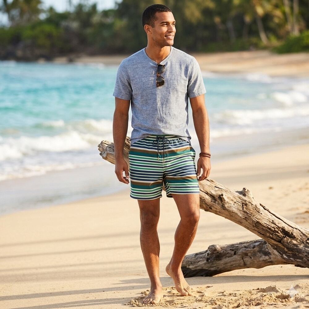 Lands' End Men's Striped Swim Trunks Size Medium 32-34 Blue Green Brown